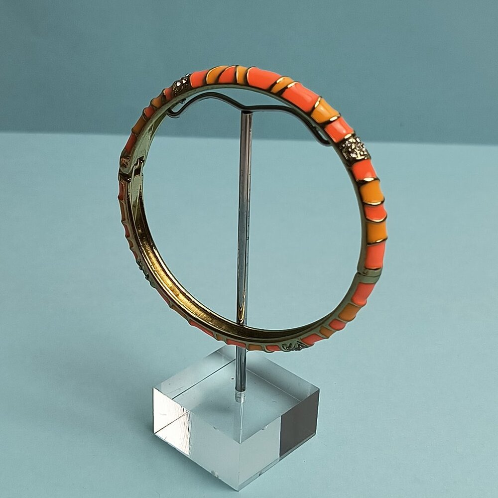 NORDSTROM Sequin Enamel Hinge Bangle Bracelet Clamper Coral Reff Orange Gold
